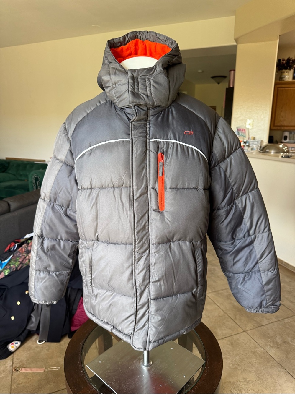 Gray Puffer Jacket with Orange Trim - Women's Cold-Weather Coat